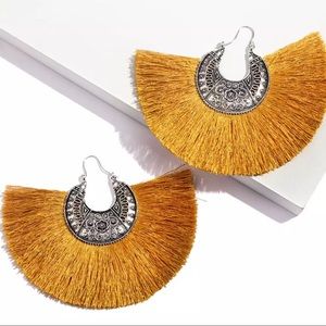 Boho Extra Large Mustard & Silver Fringe Earrings